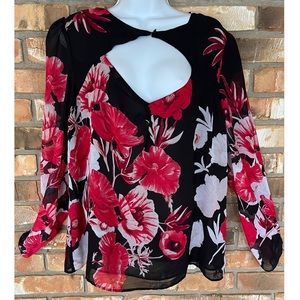 Eva Mendes Women’s Red Floral Print Long Sleeve Cut Out Blouse Size Large